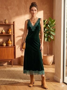 ZARA Emerald Green Velvet Slip Dress Lace Trim Midi Chic Minimalist Sz XS